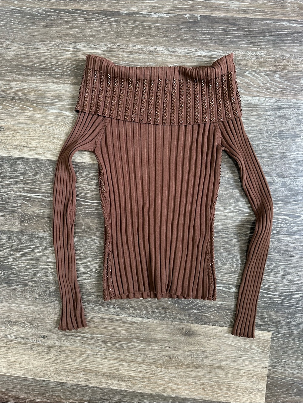 Caché Off The Shoulder Beaded Ribbed Knit Sweater Brown Medium Y2K Coquette - Picture 8 of 8
